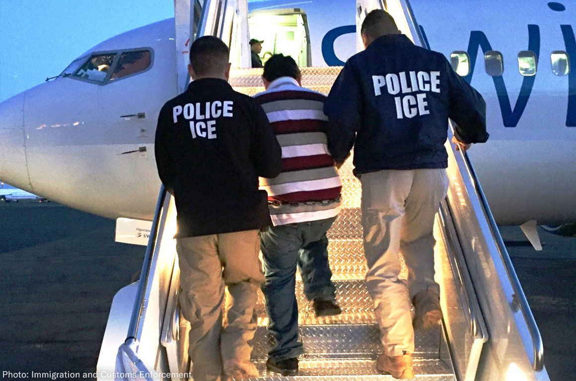 ICE deportation detainee boarding an aircraft during enforcement operation